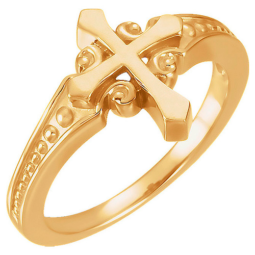 14k Yellow Gold Cross Ring with Bead Accents