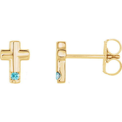 14k Yellow Gold Blue Zircon Accented Cross Earrings