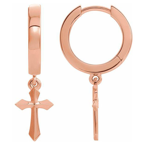 14k Rose Gold Small Dangling Pointed Cross Hoop Earrings