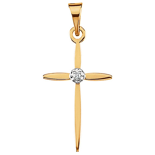 14k Yellow Gold .005 ct tw Diamond Slender Cross Pendant