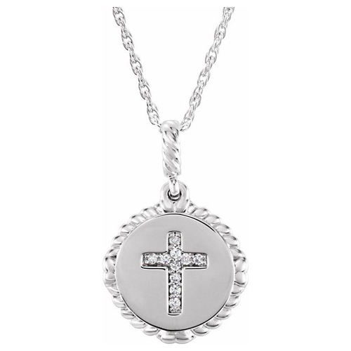 14k White Gold .04 ct Diamond Cross Disc Necklace with Rope Border