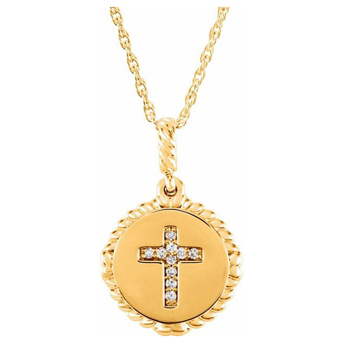 14k Yellow Gold .04 ct Diamond Cross Disc Necklace with Rope Border