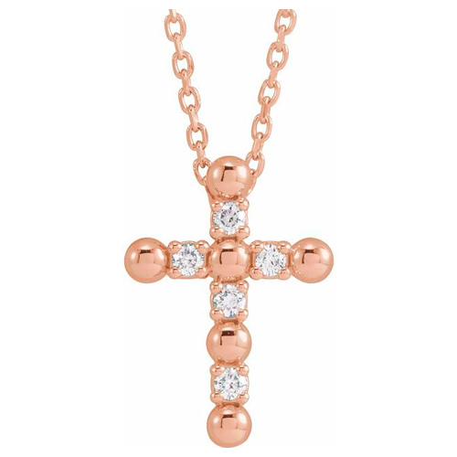 14k Rose Gold .07 ct tw Diamond Beaded Cross Necklace