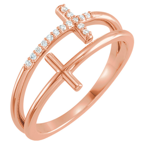 14k Rose Gold .06 ct tw Diamond Duo Sideways Cross Ring