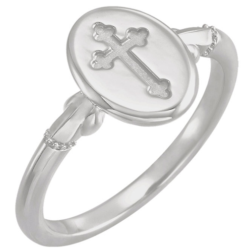 14k White Gold Cross Signet Ring with Oval Top