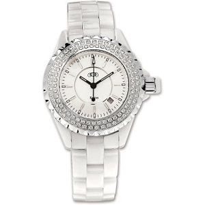 White Midsized Ceramic Watch with CZ Bezel JJW1013W | Joy Jewelers