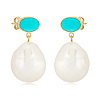 14k Yellow Gold 12mm Baroque Pearl and Oval Turquoise Dangle Earrings