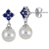 14k White Gold 7mm Freshwater Cultured Pearl and Blue Sapphire Floral Drop Earrings