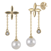 14k Yellow Gold 7mm Freshwater Cultured Pearl Petal Flower Chain Dangle Earrings with Diamonds