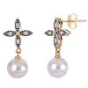 14k Yellow Gold 7mm Freshwater Cultured Pearl Petal Flower Earrings with Diamonds