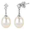 14k White Gold 10mm White Freshwater Cultured Pearl Drop Dangle Earrings With Diamonds