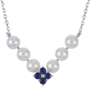 14k White Gold 6.5mm Freshwater Cultured Pearl and Blue Sapphire Flower Necklace