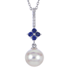 14k White Gold 8mm Single Freshwater Cultured Pearl and Blue Sapphire Flower Necklace