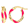 14k Yellow Gold Neon Pink Enamel Twist Huggie Hoop Earrings