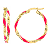 14k Yellow Gold Neon Pink Enamel Twist Hoop Earrings 3/4in