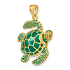 14k Yellow Gold 3-D Green Enamel Sea Turtle Pendant 1in