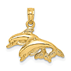 14k Yellow Gold Two Jumping Dolphins Pendant With Polished and Textured Finish