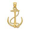 14kt Yellow Gold Anchor Pendant with Rope and Curved Arms 1in