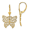 14k Yellow Gold Butterfly Leverback Earrings With Filigree Design