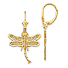 14k Yellow Gold Dragonfly Dangle Leverback Earrings