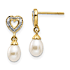 14k Yellow Gold 7mm x 5mm Freshwater Cultured Pearl Oval Drop Heart Earrings with Diamonds