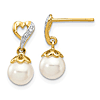 14k Yellow Gold 7mm Freshwater Cultured Pearl Diamond Heart Earrings 