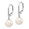 14k White Gold 8mm Freshwater Cultured Pearl Diamond Leverback Earrings