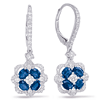 14k White Gold 1.5 ct tw Blue Sapphire Floral Leverback Earrings with Diamond Accents