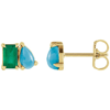 14k Yellow Gold Lab-Grown Emerald and Natural Turquoise Two-Stone Stud Earrings