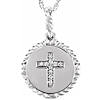 14k White Gold .04 ct Diamond Cross Disc Necklace with Rope Border