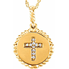 14k Yellow Gold .04 ct Diamond Cross Disc Necklace with Rope Border